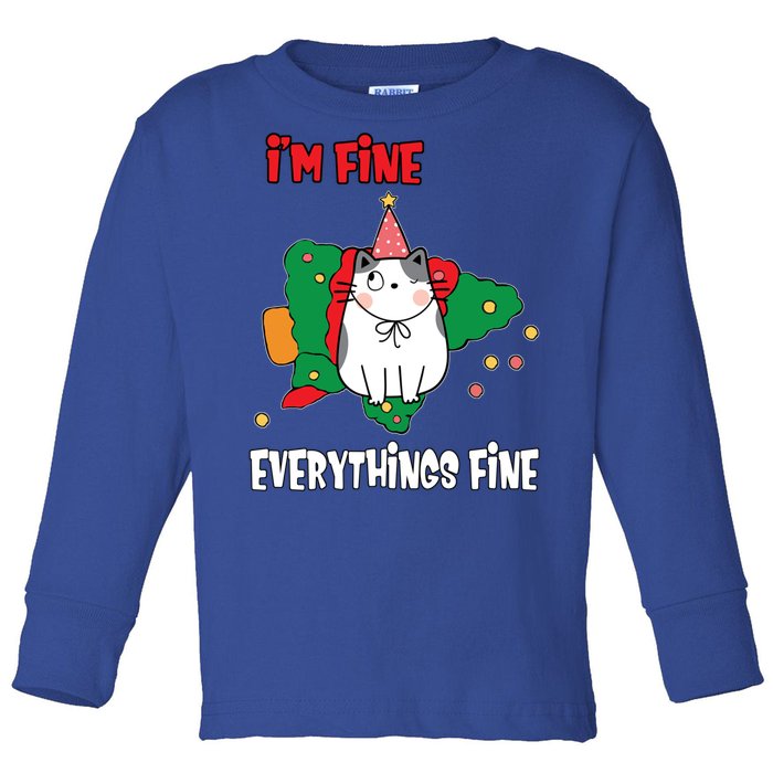 Kitty Cat Christmas Tree IM Fine Okay Funny Family Xmas Gift Toddler Long Sleeve Shirt