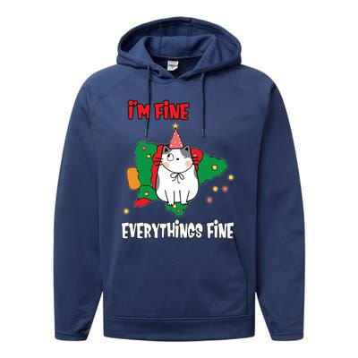 Kitty Cat Christmas Tree IM Fine Okay Funny Family Xmas Gift Performance Fleece Hoodie