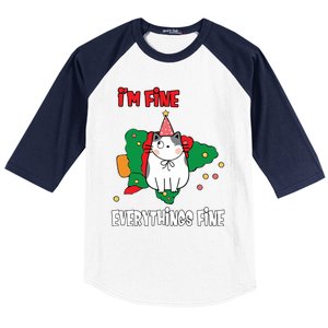 Kitty Cat Christmas Tree IM Fine Okay Funny Family Xmas Gift Baseball Sleeve Shirt