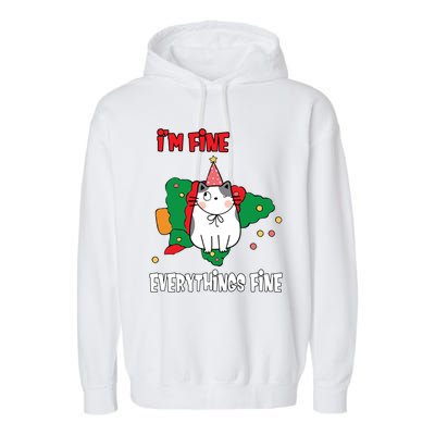 Kitty Cat Christmas Tree IM Fine Okay Funny Family Xmas Gift Garment-Dyed Fleece Hoodie