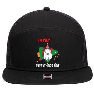 Kitty Cat Christmas Tree IM Fine Okay Funny Family Xmas Cute Gift 7 Panel Mesh Trucker Snapback Hat