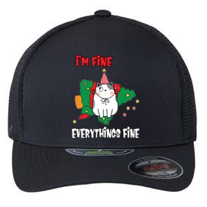 Kitty Cat Christmas Tree IM Fine Okay Funny Family Xmas Cute Gift Flexfit Unipanel Trucker Cap