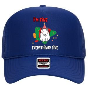 Kitty Cat Christmas Tree IM Fine Okay Funny Family Xmas Cute Gift High Crown Mesh Back Trucker Hat