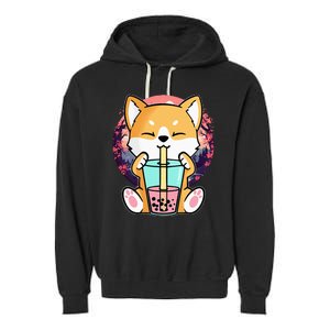 Kawaii Corgi Dog Bubble Tea Boba Anime Neko Japanese Garment-Dyed Fleece Hoodie