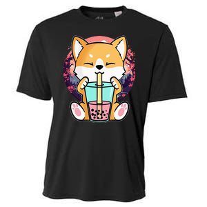 Kawaii Corgi Dog Bubble Tea Boba Anime Neko Japanese Cooling Performance Crew T-Shirt