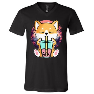 Kawaii Corgi Dog Bubble Tea Boba Anime Neko Japanese V-Neck T-Shirt