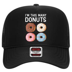 Kids Cute Donut 4th Birthday Im This Many Donuts 4 Year Old High Crown Mesh Back Trucker Hat