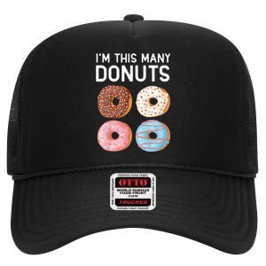 Kids Cute Donut 4th Birthday Im This Many Donuts 4 Year Old High Crown Mesh Back Trucker Hat