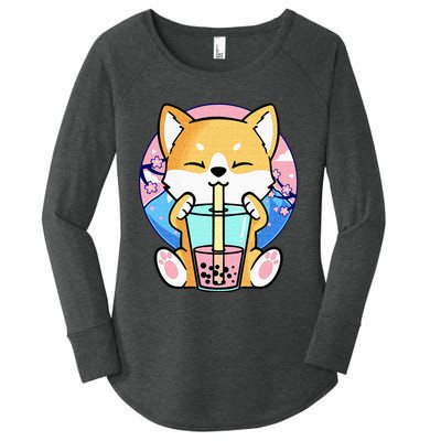 Kawaii Corgi Dog Bubble Tea Boba Anime Neko Japanese Kids Women's Perfect Tri Tunic Long Sleeve Shirt