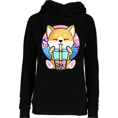 Kawaii Corgi Dog Bubble Tea Boba Anime Neko Japanese Kids Womens Funnel Neck Pullover Hood