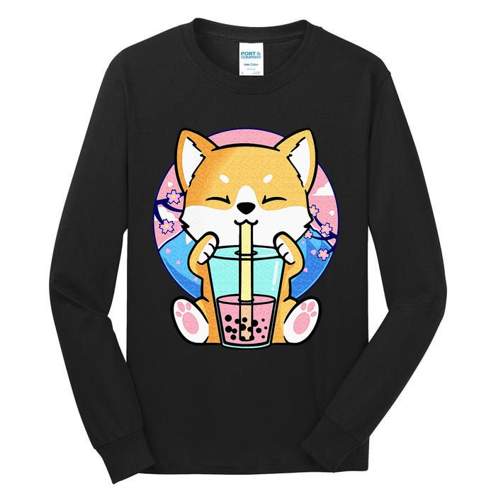 Kawaii Corgi Dog Bubble Tea Boba Anime Neko Japanese Kids Tall Long Sleeve T-Shirt