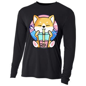 Kawaii Corgi Dog Bubble Tea Boba Anime Neko Japanese Kids Cooling Performance Long Sleeve Crew