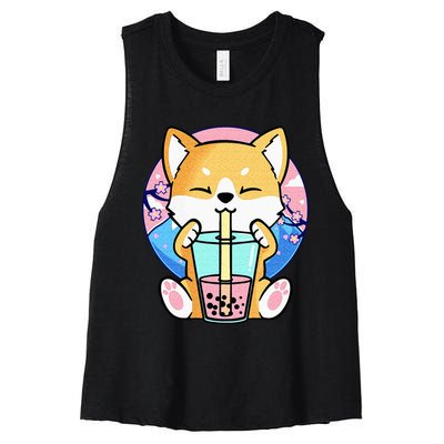 Kawaii Corgi Dog Bubble Tea Boba Anime Neko Japanese Kids Women's Racerback Cropped Tank