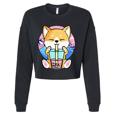 Kawaii Corgi Dog Bubble Tea Boba Anime Neko Japanese Kids Cropped Pullover Crew