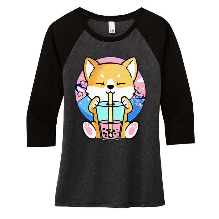 Kawaii Corgi Dog Bubble Tea Boba Anime Neko Japanese Kids Women's Tri-Blend 3/4-Sleeve Raglan Shirt