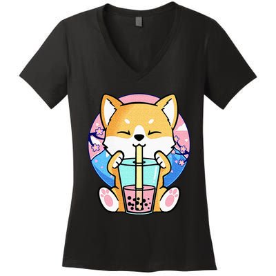 Kawaii Corgi Dog Bubble Tea Boba Anime Neko Japanese Kids Women's V-Neck T-Shirt