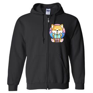 Kawaii Corgi Dog Bubble Tea Boba Anime Neko Japanese Kids Full Zip Hoodie