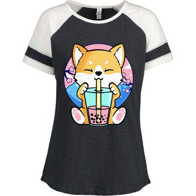 Kawaii Corgi Dog Bubble Tea Boba Anime Neko Japanese Kids Enza Ladies Jersey Colorblock Tee