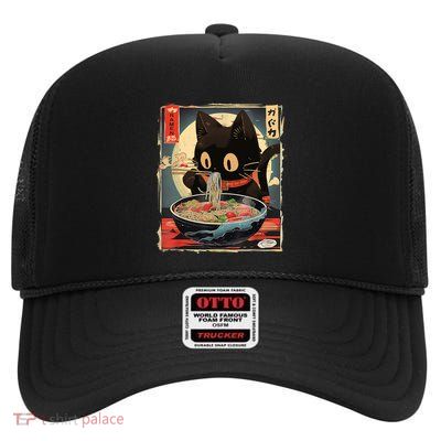 Kawaii Cat Eating Ramen Noodles Anime Gift Girl Teens High Crown Mesh Back Trucker Hat