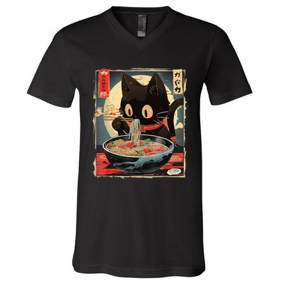 Kawaii Cat Eating Ramen Noodles Anime Gift Girl Teens V-Neck T-Shirt