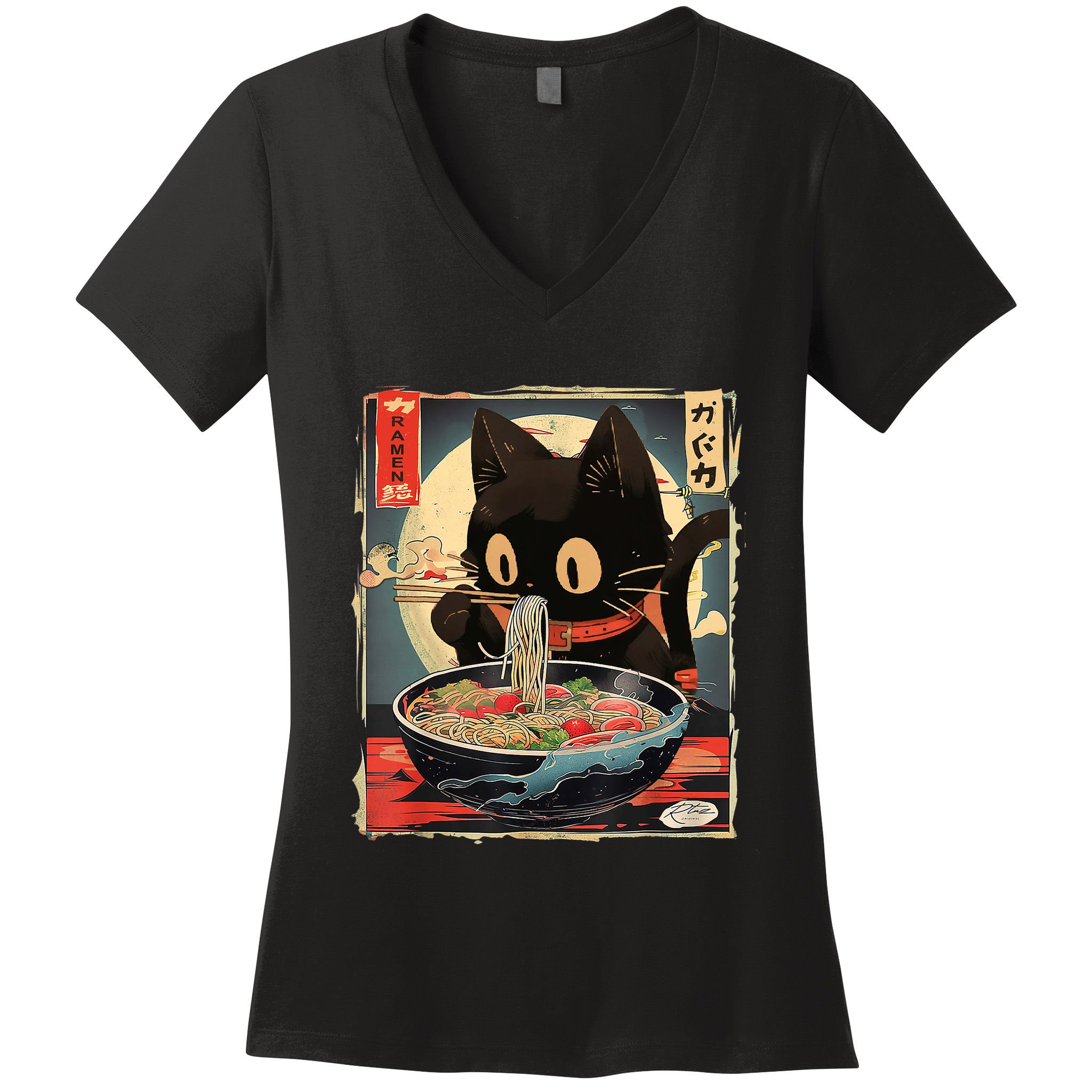 Kawaii Cat Eating Ramen Noodles Anime Gift Girl Teens Women's V-Neck T-Shirt