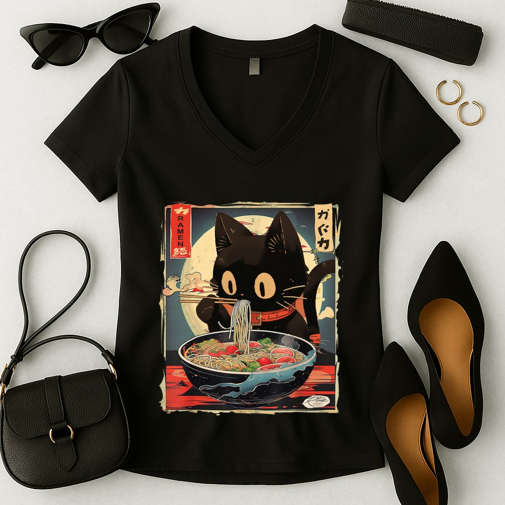 Kawaii Cat Eating Ramen Noodles Anime Gift Girl Teens Women's V-Neck T-Shirt