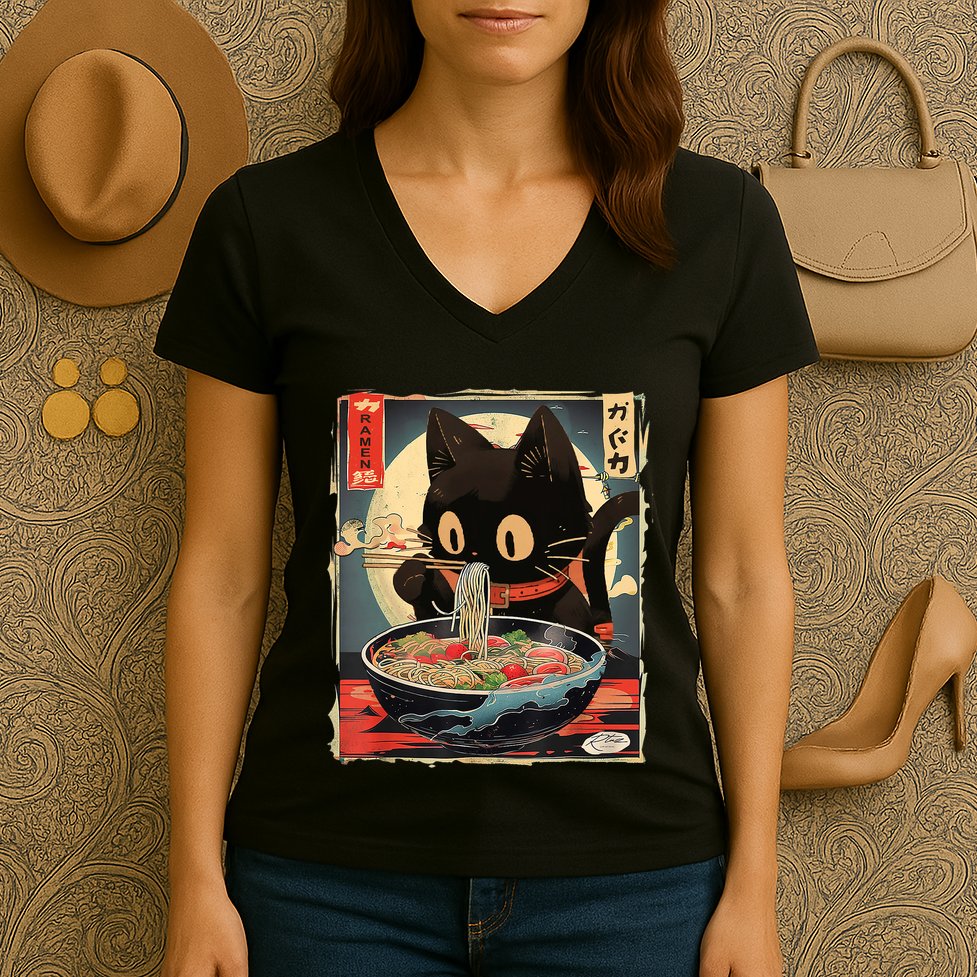 Kawaii Cat Eating Ramen Noodles Anime Gift Girl Teens Women's V-Neck T-Shirt