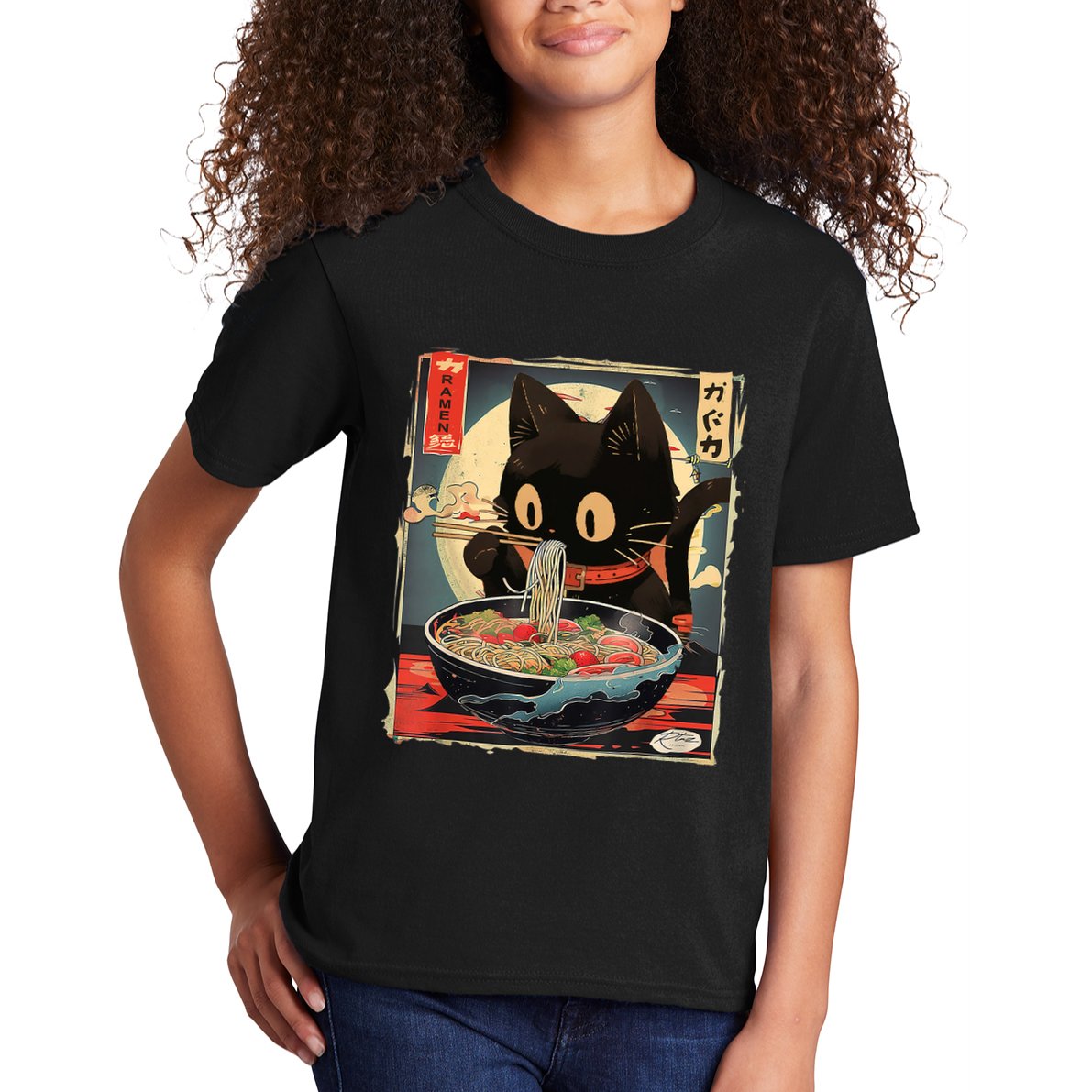 Kawaii Cat Eating Ramen Noodles Anime Gift Girl Teens Kids T-Shirt