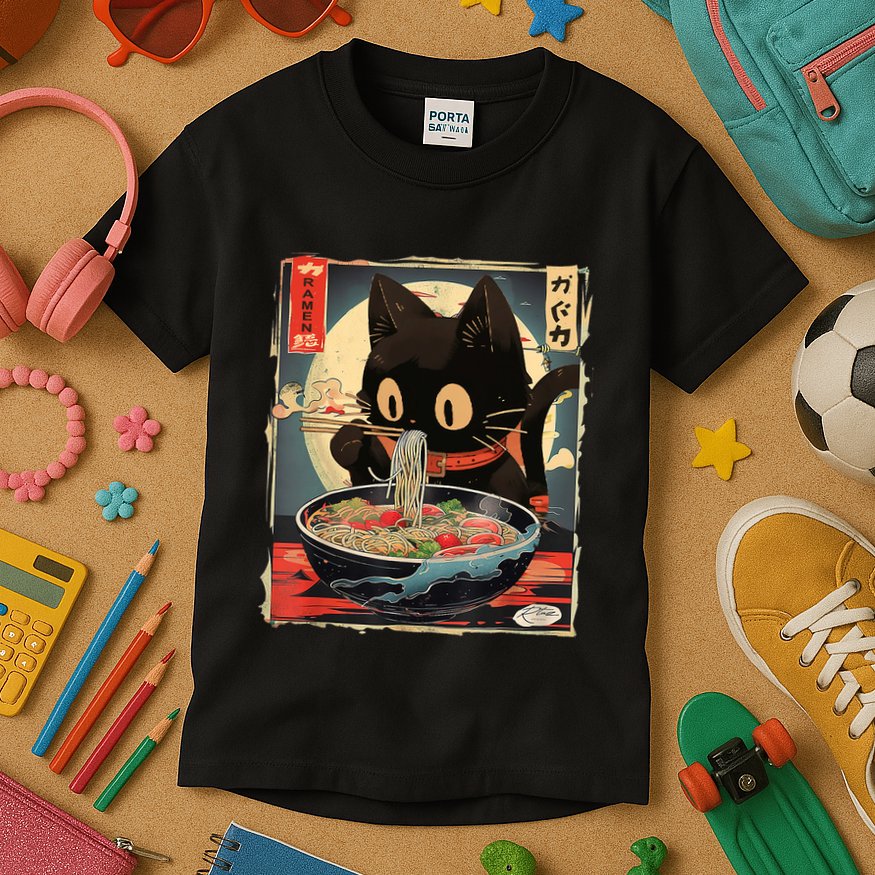 Kawaii Cat Eating Ramen Noodles Anime Gift Girl Teens Kids T-Shirt