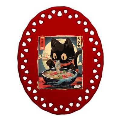 Kawaii Cat Eating Ramen Noodles Anime Gift Girl Teens Ceramic Oval Ornament