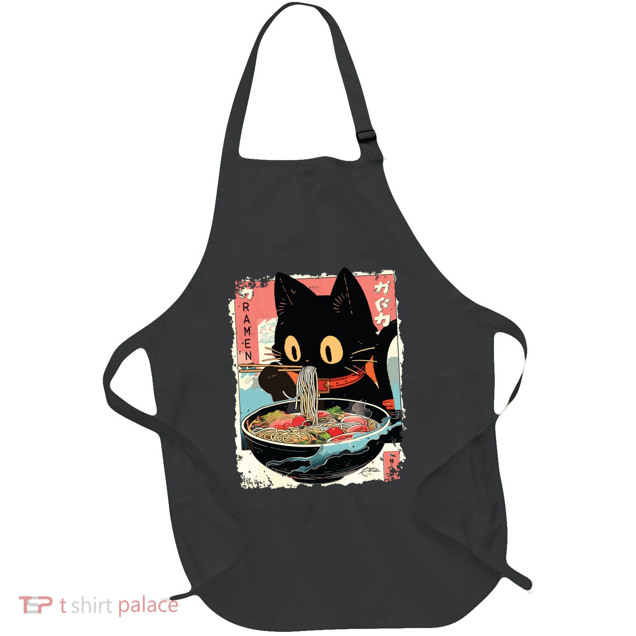 Kawaii Cat Eating Ramen Noodles Anime Full-Length Apron With Pockets