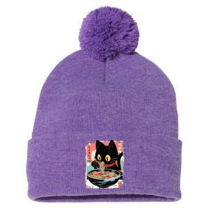 Kawaii Cat Eating Ramen Noodles Anime Pom Pom 12in Knit Beanie