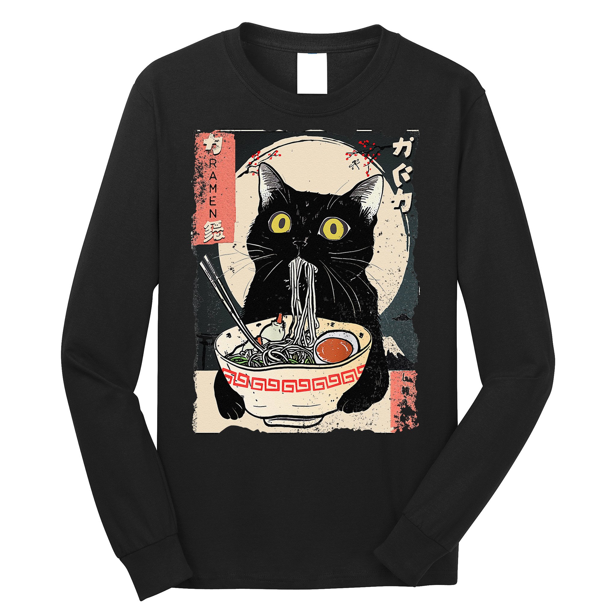 Kawaii Cat Eating Ramen Noodles Funny Anime Gift Long Sleeve Shirt