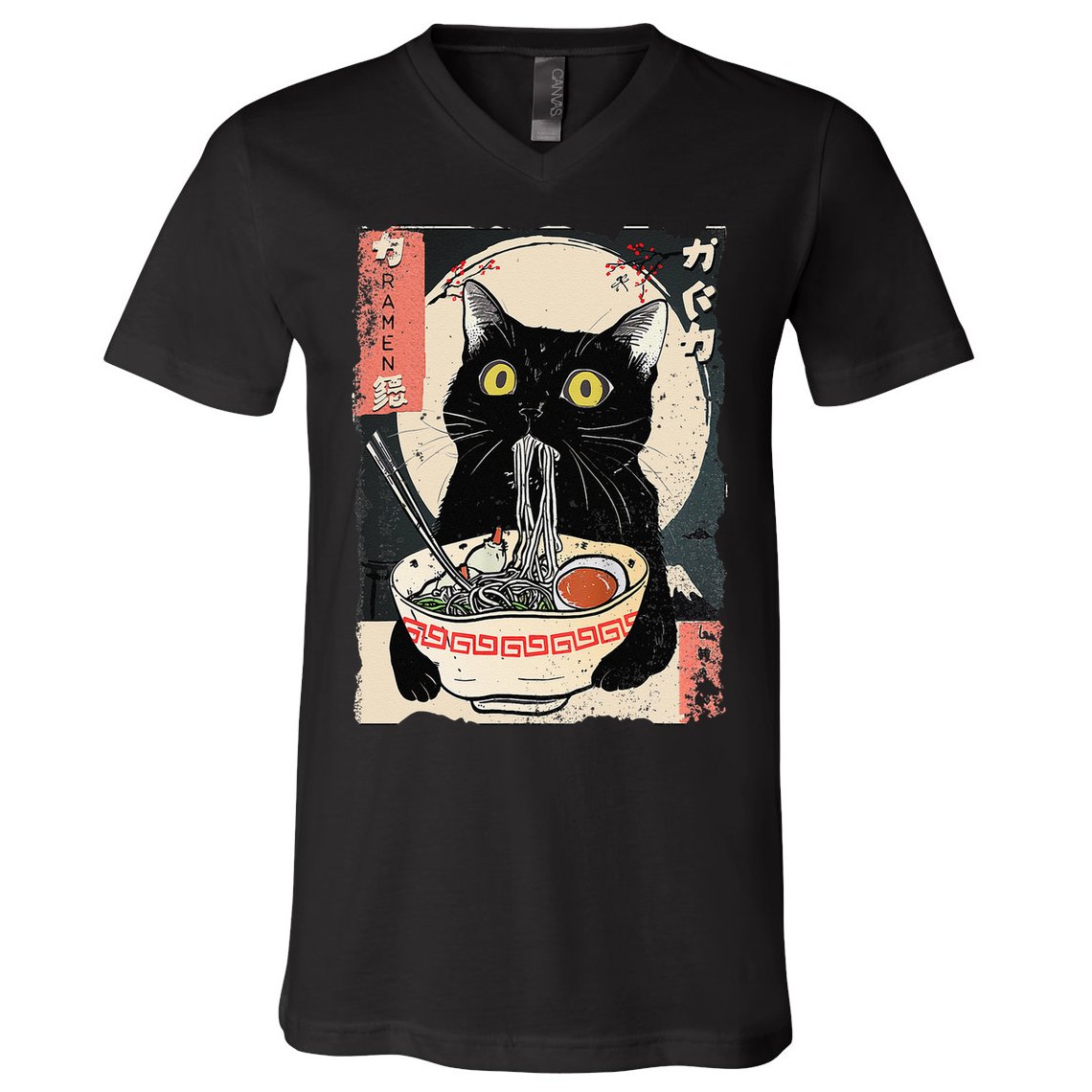 Kawaii Cat Eating Ramen Noodles Funny Anime Gift V-Neck T-Shirt