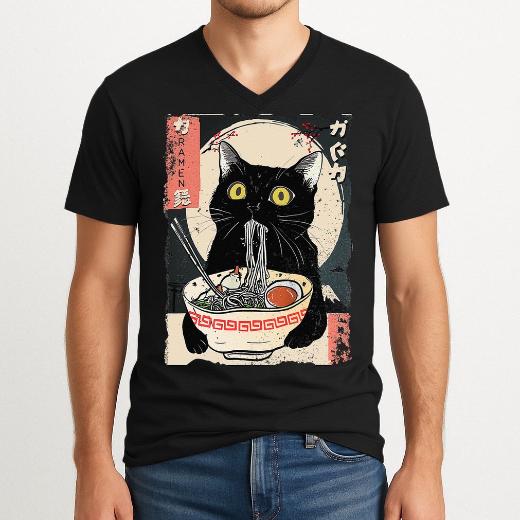 Kawaii Cat Eating Ramen Noodles Funny Anime Gift V-Neck T-Shirt