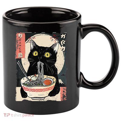 Kawaii Cat Eating Ramen Noodles Funny Anime Gift 11oz C Handle Ceramic Mug