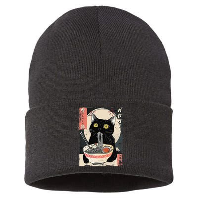 Kawaii Cat Eating Ramen Noodles Funny Anime Gift Sustainable Knit Beanie