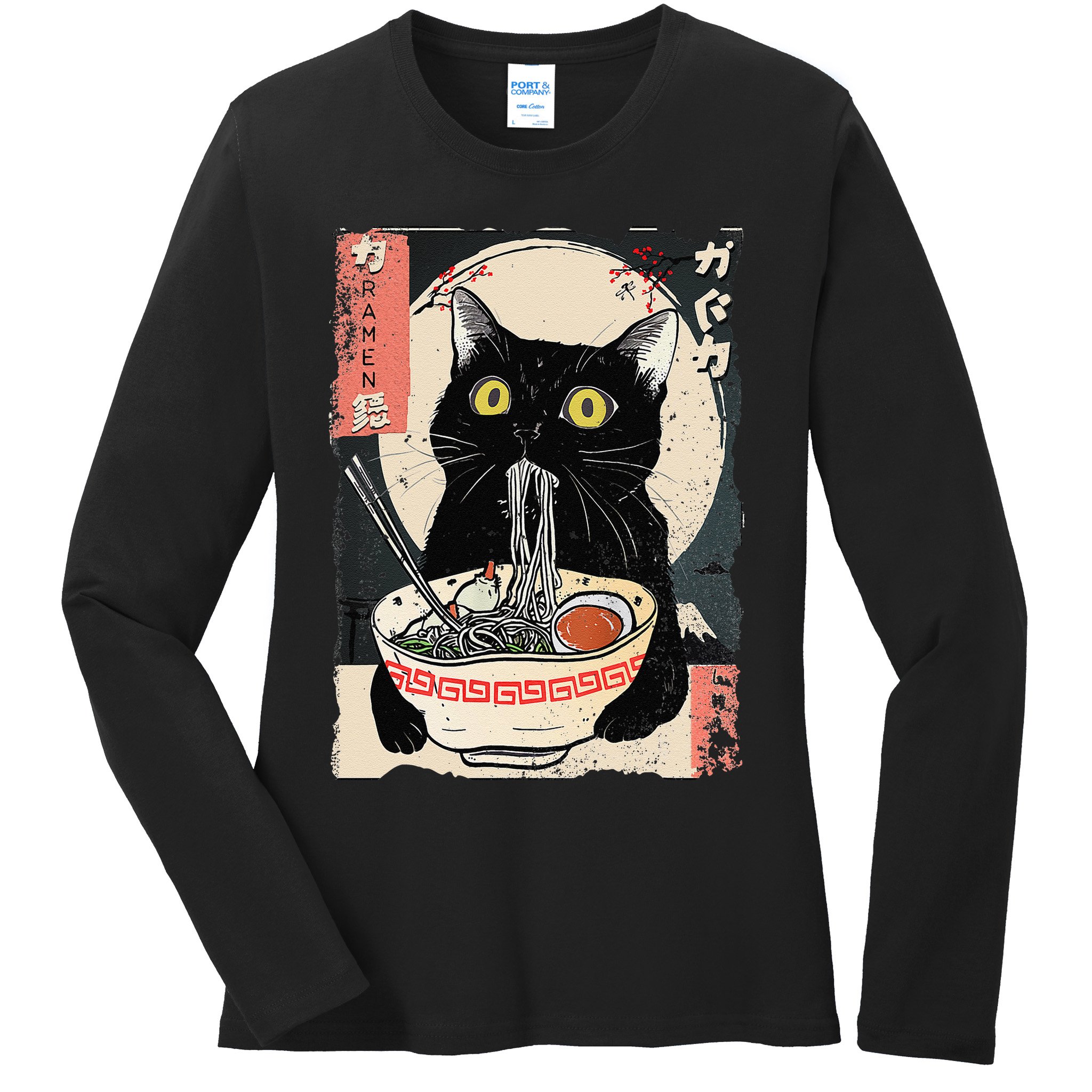 Kawaii Cat Eating Ramen Noodles Funny Anime Gift Ladies Long Sleeve Shirt