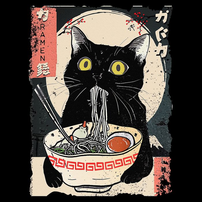 Kawaii Cat Eating Ramen Noodles Funny Anime Gift Ladies Long Sleeve Shirt