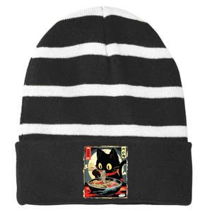 Kawaii Cat Eating Ramen Noodles Anime Gift Girl Striped Beanie with Solid Band