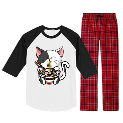 Kawaii Cat Eating Ramen Noodles Japanese Funny Anime Neko Raglan Sleeve Pajama Set