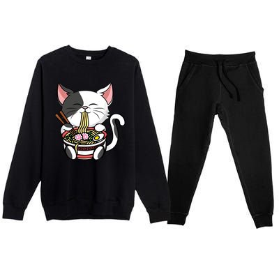 Kawaii Cat Eating Ramen Noodles Japanese Funny Anime Neko Premium Crewneck Sweatsuit Set