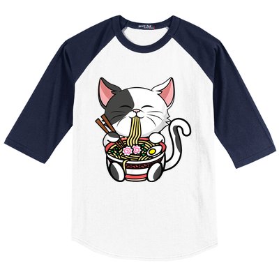 Kawaii Cat Eating Ramen Noodles Japanese Funny Anime Neko Baseball Sleeve Shirt