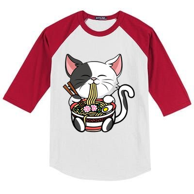 Kawaii Cat Eating Ramen Noodles Japanese Funny Anime Neko Kids Colorblock Raglan Jersey