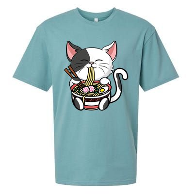 Kawaii Cat Eating Ramen Noodles Japanese Funny Anime Neko Sueded Cloud Jersey T-Shirt