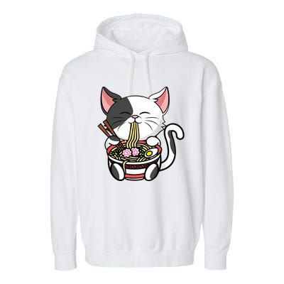 Kawaii Cat Eating Ramen Noodles Japanese Funny Anime Neko Garment-Dyed Fleece Hoodie