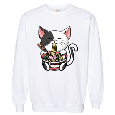 Kawaii Cat Eating Ramen Noodles Japanese Funny Anime Neko Garment-Dyed Sweatshirt