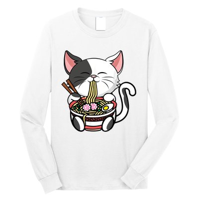 Kawaii Cat Eating Ramen Noodles Japanese Funny Anime Neko Long Sleeve Shirt