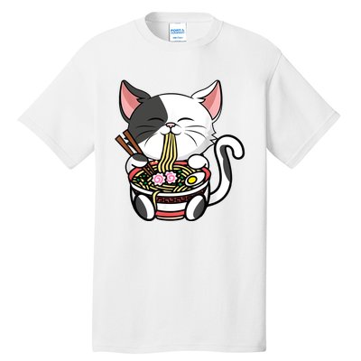 Kawaii Cat Eating Ramen Noodles Japanese Funny Anime Neko Tall T-Shirt