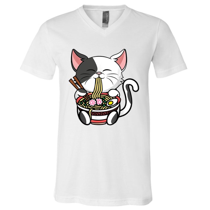 Kawaii Cat Eating Ramen Noodles Japanese Funny Anime Neko V-Neck T-Shirt